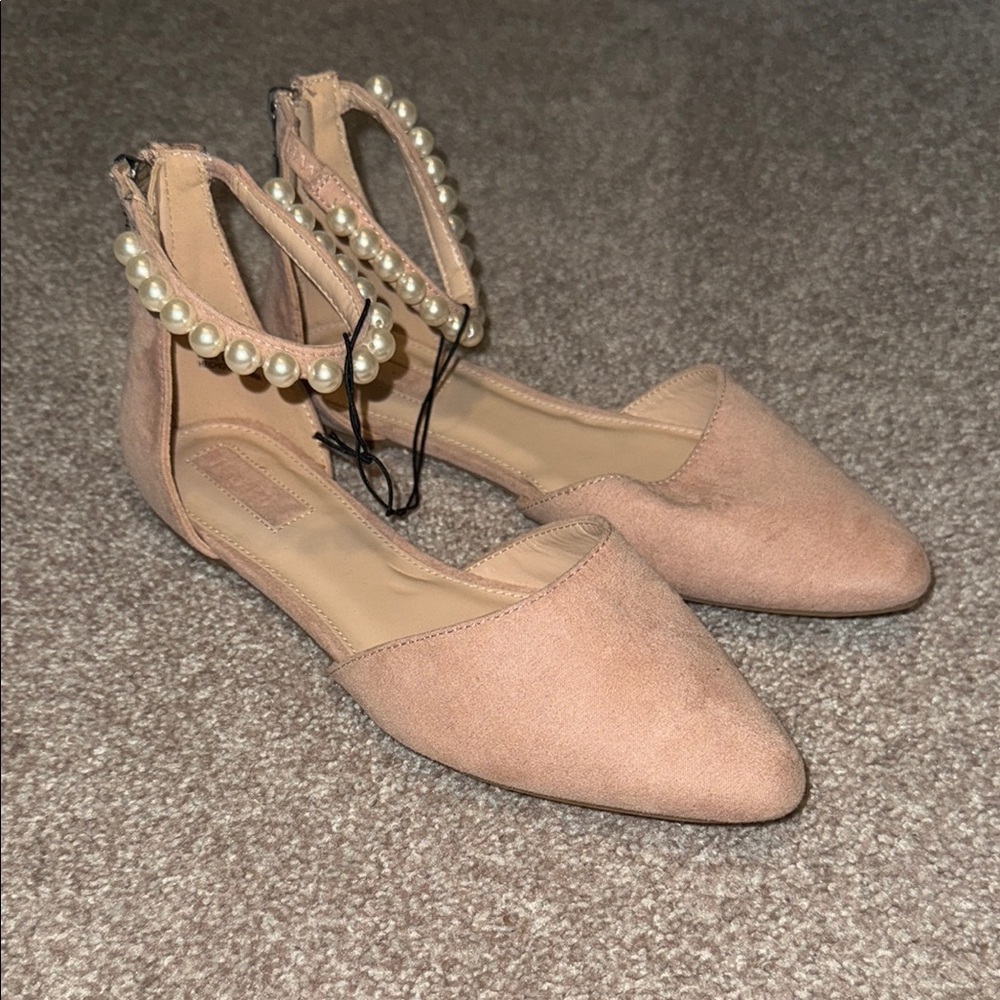 Forever 21 Nude Suede Flats with Pearl Ankle Strap